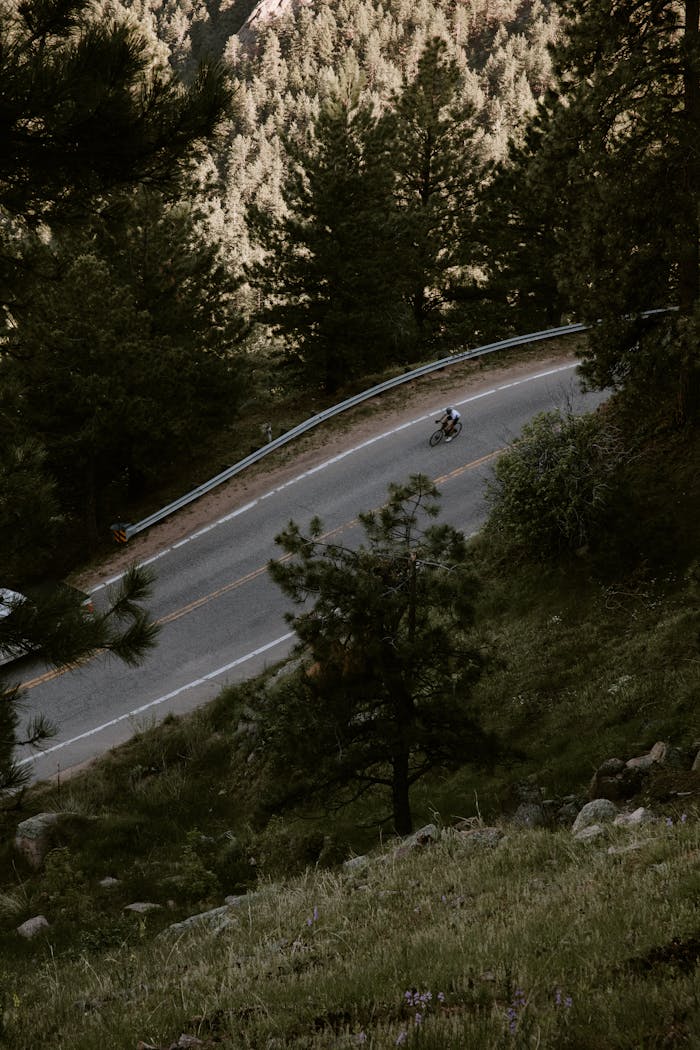 Aerial view of a cyclist navigating a winding mountain road surrounded by trees near Boulder, Colorado.