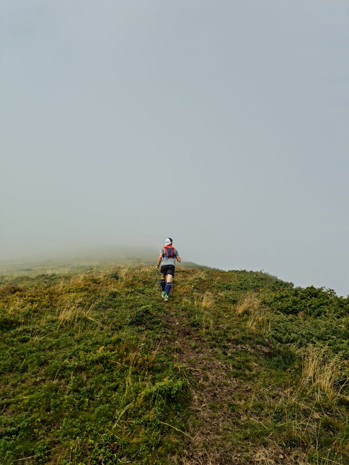 services-02 A solo runner climbs a grassy hill into the fog, capturing the essence of adventure and determination.